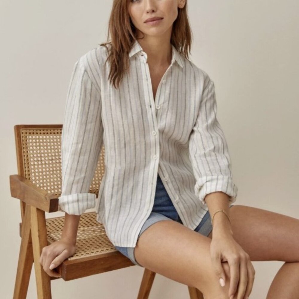 Reformation Preston Linen Striped Button Down Shirt Med Relaxed white green